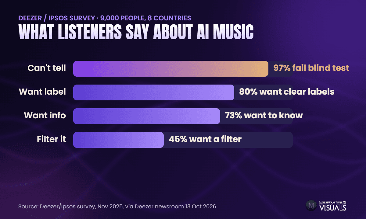 Deezer Ipsos survey: 45% want to filter AI music, 80% want labels, 97% cannot tell the difference